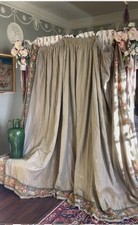 Pair Antique Early C20th Grey/ Verte Shot Taffeta Country House Curtains 88”