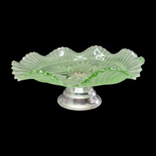 Art Deco Green Glass Cake Stand Bon Bon Dish Vintage Metal Pedestal