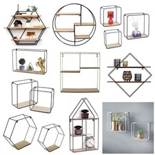 Floating Hexagonal Shelves Metal & Wood Decorative Wall Mounted Storage Display