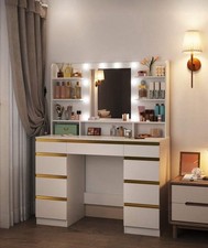 Dressing Table With Mirror, Vanity Desk, Adjustable 3-Colour LED Lights, Makeup