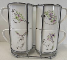 4 X Dunelm Stacking Mugs With Stand Nature Animals With Flowers