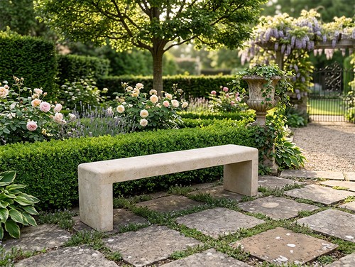 Classic limestone garden bench - garden,
