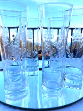 Gorgeous Set x 6 Vintage Crystal Vine Etched Pilsner / Beer Glasses
