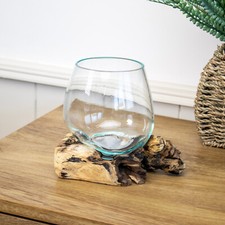 Teak Root With Mini Glass Bowl Rustic Wood Base Round Molten Dish Decor Ornament