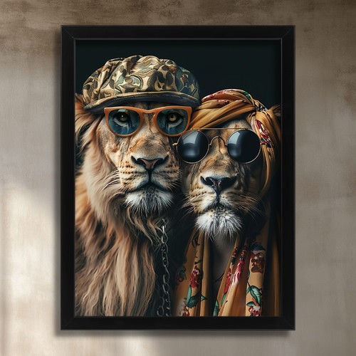 Hipster lion and lioness art - and,