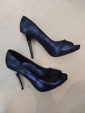 D5 WOMANS BLACK GARDENIA PURPLE SHINY OPEN TOE STILETTO COURT SHOES UK 4 EUR 37 