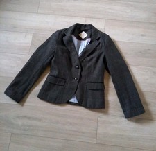 Blonde Heritage Dark Grey Check Wool Mix Tweed Jacket Elbow Patches Classic UK14