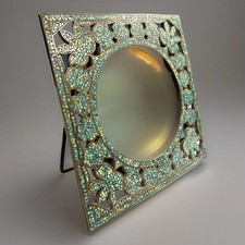 Antique Square Turquoise Micro Mosaic & Brass Foliate Design Photo Frame