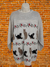 VINTAGE BEIGE JUMPER SIZE UK 12-14 WOMENS CREW NECK PULLOVER SWEATER CAT PRINT