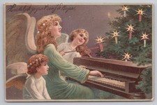 c1904 Christmas Angels Playing Piano & Violin Music, Lit Tree, Posted Card