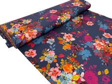 Navy Floral Polyester Crepe Fabric Dressmaking Pink Flower Bouquet Patterned