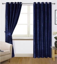 Navy Blue CRUSHED VELVET Curtains Pair of EYELET Ring Top Heavy Fully Lined New