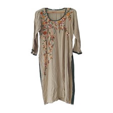 Indian Kurta Womens Large Beige Floral Stitchwork Embroidered 3/4 Sleeve Cotton
