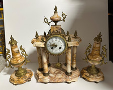 Early 20th Century French 3 Piece Clock Garniture Marble & Gilt Bronze