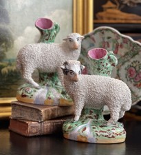 Grand Scale Antique English Staffordshire Sheep Lamb Pink Spill Vase Pair 7.25”