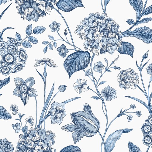 Rasch hydrangea blue - blue, printed