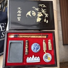 Vintage Chinese Calligraphy Painting Brush Ink Stone Stamp Set In Box