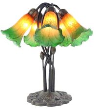 43cm Pond Lily Bronze Finish Table Lamp 5 Amber/Green Glass Shades + Light Bulbs