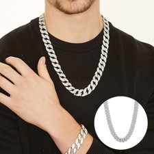 Big 15MM Diamond CZ Cuban Link Chain Silver Stainless Steel 24” Rapper Necklace