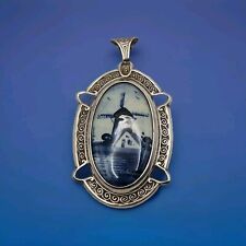 Vintage Silver 835 Filigree & Delft  Blue Porcelain Dutch Windmill Pendant