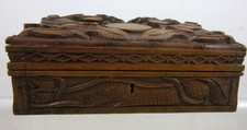 Vintage Hand Carved Oriental Wooden Box Chinese Dragons Brown Wood Carvings