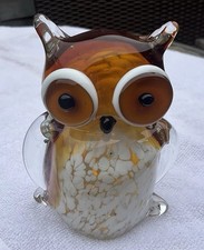 Murano Style Art Glass Owl Amber/White Figurine, 12cm High. Excellent Condition