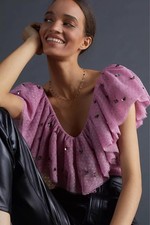 Maeve Anthropologie Ruffle Tulle Blouse Top Sequins Smocked Mauve Pink Gold M