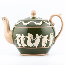 English Jasperware Teapot Copeland Late Spode Green Dancing Muses Relief 20th C