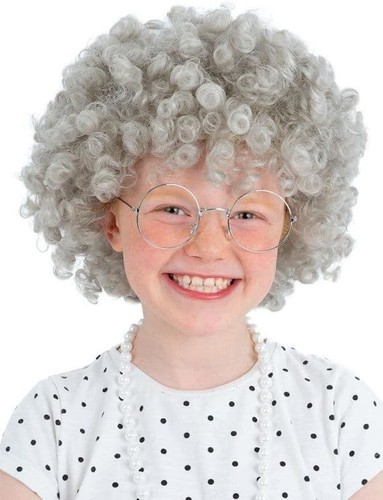 Kids granny wig grey - curly, old