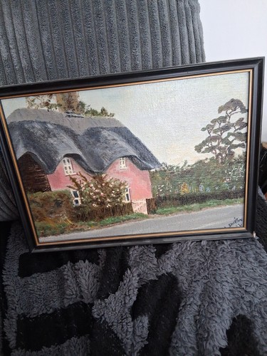 Pink thatched cottage - cottage, painting
