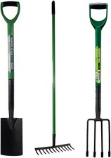 3 PIECE GARDEN DIGGING SPADE BORDER FORK & LAWN RAKE GARDENING SOIL TOOLS SET