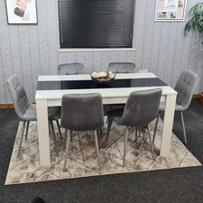 Black & White Wood Dining Table Set with 6 Velvet Chairs Dining Room Furniture