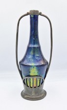 FINE ART NOUVEAU / JUGENDSTIL PEWTER CLAD LUSTRE POTTERY BOTTLE VASE c1910
