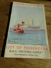 UNION CASTLE LINE - RMS PRETORIA CASTLE - LIST OF PASSENGERS - 16TH JUNE 1955