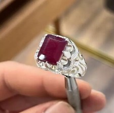 Emerald Cut Ruby Ring, Natural Ruby 925 Sterling Silver Yaqoot Ring For Men