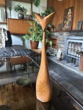 Wonderful Elegant Vintage 1950s MCM Modernist Carved Wooden Cat - Signed / Dated