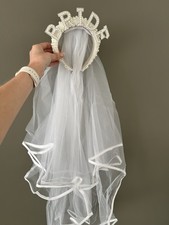White Pearl And Diamanté Bride Headband With Veil  Hen Party Wedding Bride