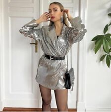 ZARA SILVER SEQUINNED SHOULDER PADS BLAZER JACKET SIZE S