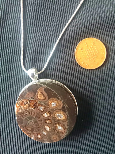 Silver round fossil pendant - silver,
