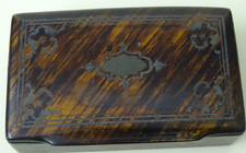 ANTIQUE GEORGIAN ? FAUX TORTOISE SHELL SNUFF BOX  PAPIER MACHE SILVER INLAY