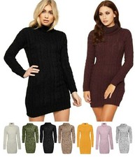 Women's Chunky Cable Knitted Polo Neck Long Sleeves Warm Sweater Jumper Dress UK