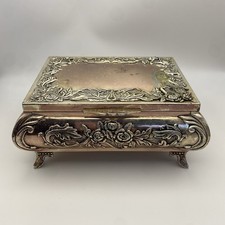 Vintage Ornate Silver Plated Jewellery Trinket Box Floral Embossed