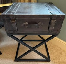 Side Table / Bedside - Genuine Grey Leather - Black Iron Base - Trunk / Suitcase