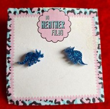 DESIGNER DINOSAUR TURQUOISE GLITTER STUD EARRINGS - KIDCORE, ROCKER, MERMAID