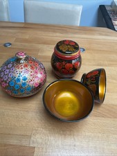 Papier Mache Trinket Pot with Lids & 2 Bowls Hand Painted Vintage