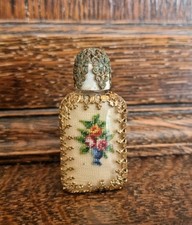 SMALL VINTAGE PETIT POINT & GILT METAL GLASS SCENT BOTTLE