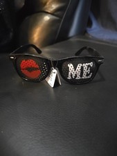 Kiss Me Funky Funny Pinhole Style Sunglasses  Black With Red Lips