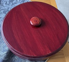 PREOWNED-ROUND WOODEN BOX & LID-LAZY SUSAN-BAMBOO PATTERN SERVING DISHES-CHINESE