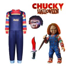 KIDS BOYS CHUCKY JUMPSUIT COSTUME HALLOWEEN HORROR DOLL FANCY DRESS MASK OUTFITS