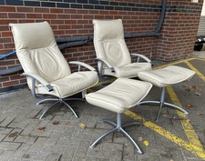 Danish Kebe Cream Leather Swivel & Recline Armchairs & Footstools
